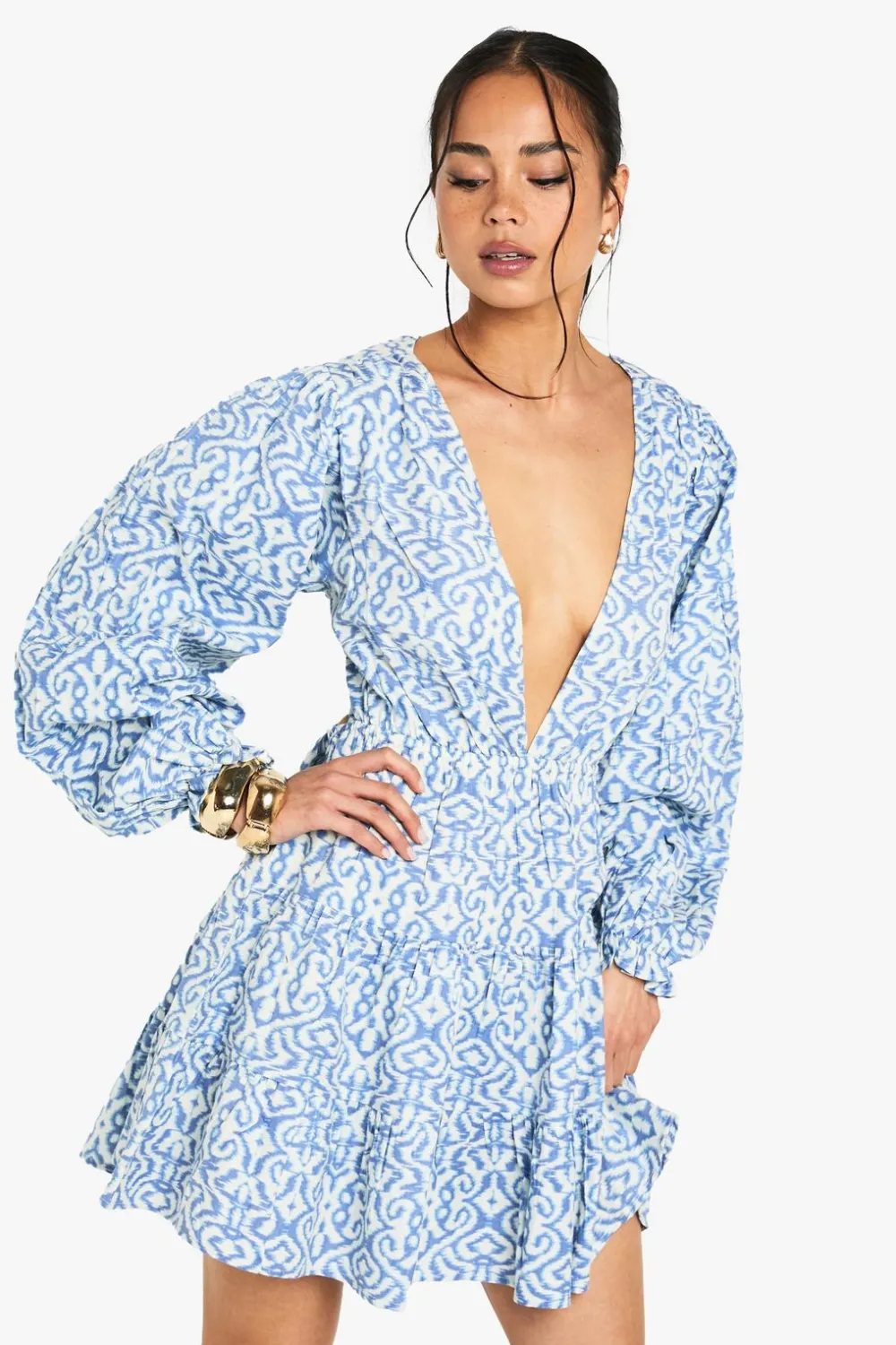 Dresses^Nasty Gal Printed Linen Look Plunge Long Sleeve Mini Dress |
