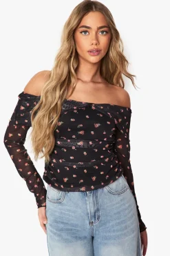 Tops^Nasty Gal Printed Mesh Bardot Ruched Top |