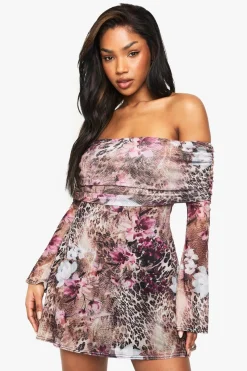 Dresses^Nasty Gal Printed Mesh Deep Bardot Mini Dress |