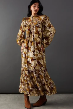 Dresses^Nasty Gal Printed Metallic Jacquard Frill Yoke Tier Hem Midi Dress |