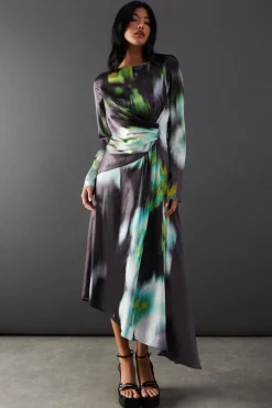 Dresses^Nasty Gal Printed Satin Knot Front Asymmetric Hem Midi Dress |