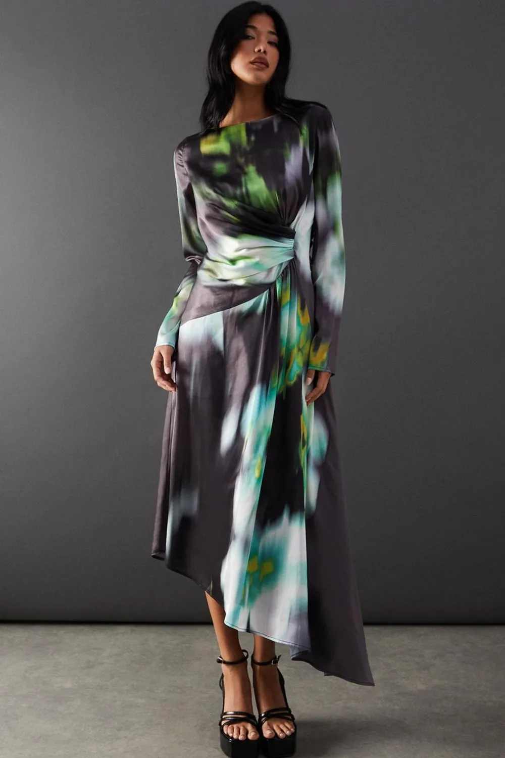 Dresses^Nasty Gal Printed Satin Knot Front Asymmetric Hem Midi Dress |