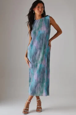 Dresses^Nasty Gal Printed Tie Dye Plisse Shoulder Pad Sleeveless Midi Dress |