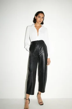 Leather|Pants^Nasty Gal Real Leather Barrel Leg Trouser |