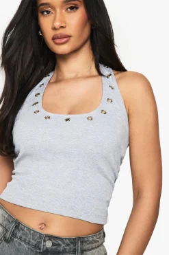 Tops^Nasty Gal Rib Eyelet Detail Halterneck Top |