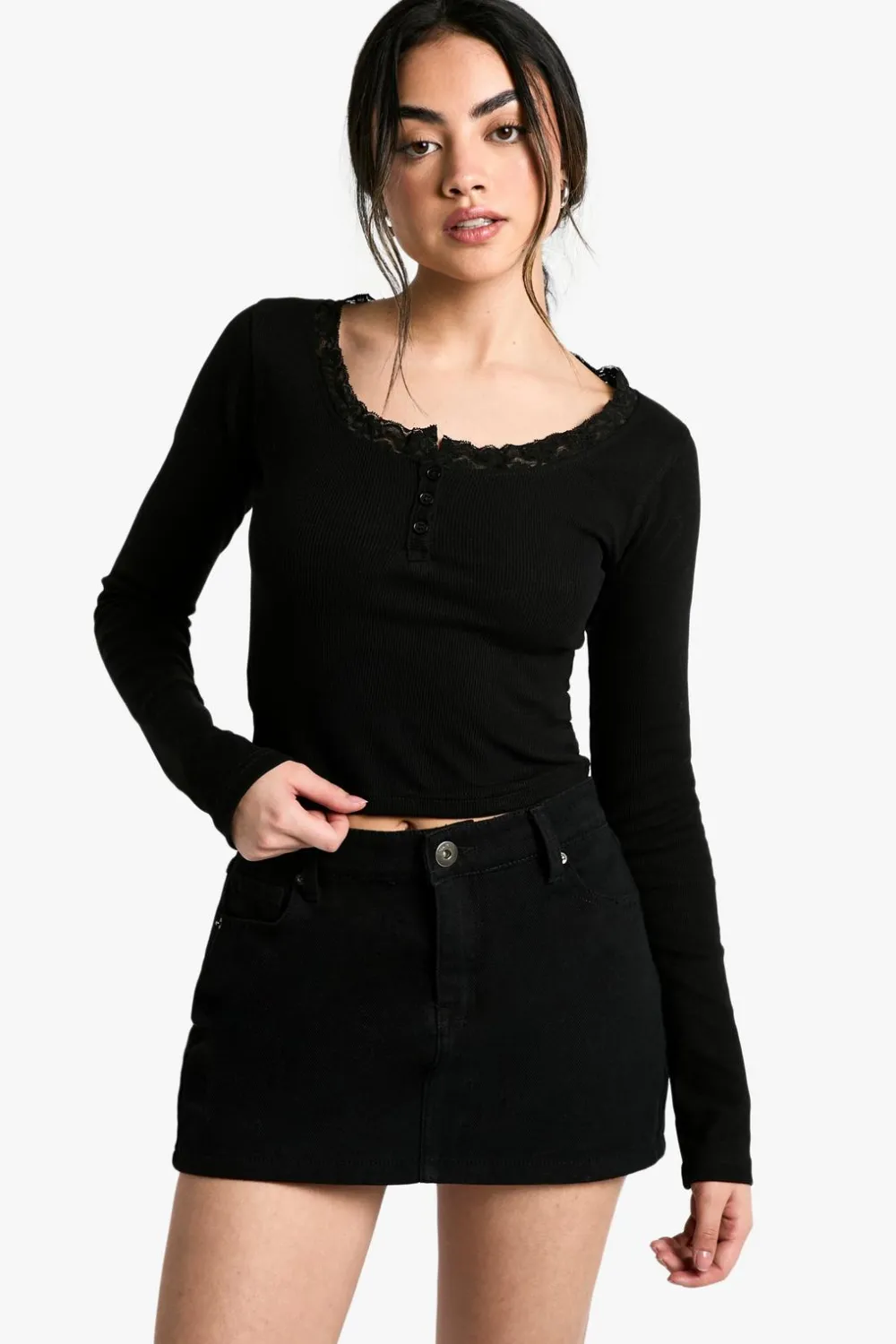 Tops^Nasty Gal Rib Long Sleeve Top With Lace Trim |
