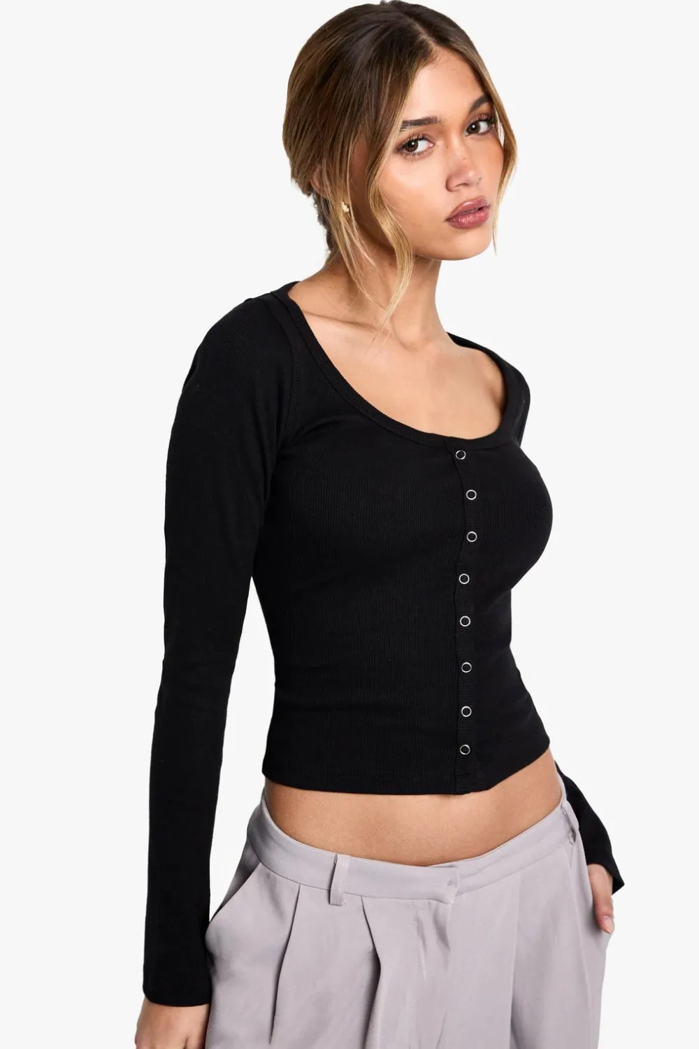 Tops^Nasty Gal Ribbed Popper Detail Long Sleeve Top |