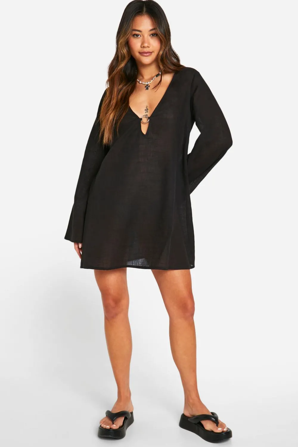 Dresses^Nasty Gal Ring Detail Flare Sleeve Mini Dress |