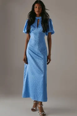 Dresses^Nasty Gal Rose Satin Jacquard Puff Sleeve Tie Back Midi Dress |