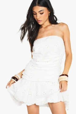 Dresses^Nasty Gal Ruched Bandeau Dropped Waist Broiderie Mini Dress |