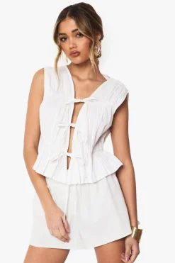 Tops^Nasty Gal Ruched Poplin Tie Front Sleeveless Top |