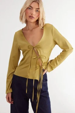 Tops^Nasty Gal Satin Asymmetric Tie Long Sleeve Top |