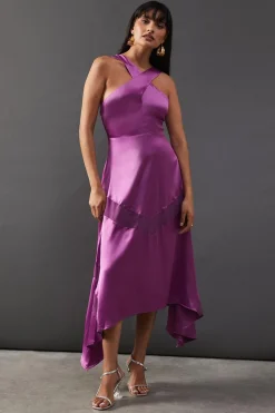 Dresses^Nasty Gal Satin Cross Front Chiffon Insert Hanky Hem Midi Dress |