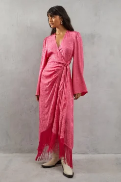 Fringing|Dresses^Nasty Gal Satin Jacquard Kimono Sleeve Fringe Hem Wrap Dress |