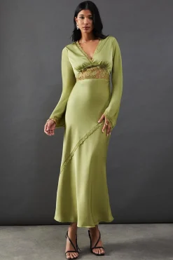 Dresses^Nasty Gal Satin Lace Insert Flute Sleeve Midi Dress |