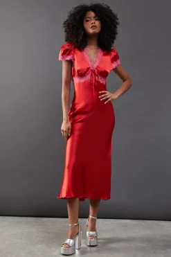 Dresses^Nasty Gal Satin Lace Trim Midaxi Tea Dress |