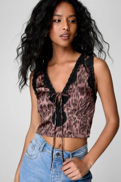 Animal Print|Crop Tops^Nasty Gal Satin Leopard Contrast Lace Tie Front Top |