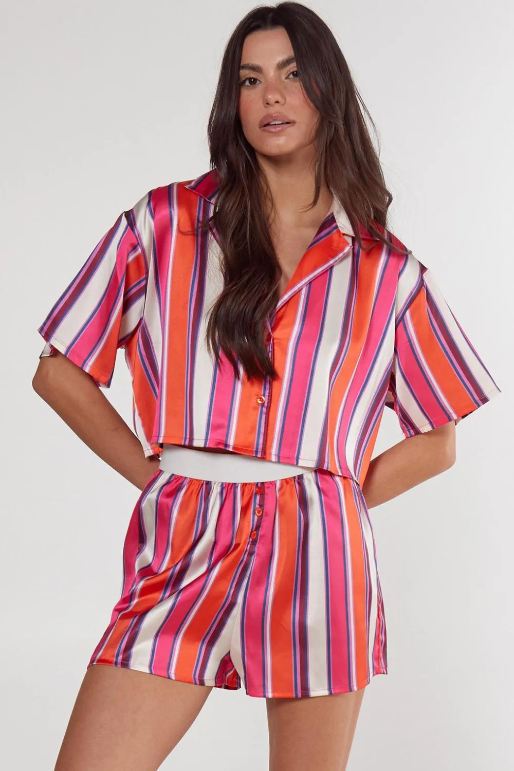 Stripes|Sleepwear^Nasty Gal Satin Multi Stripe Cropped Shirt And Shorts Pajama Set |