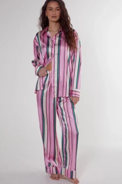 Stripes|Sleepwear^Nasty Gal Satin Multi Stripe Oversized Shirt And Pants Pajama Set |