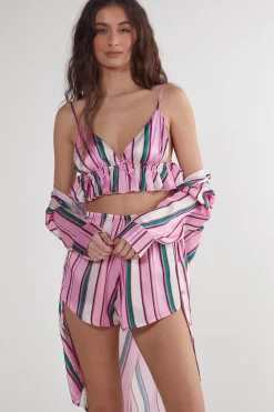 Stripes|Sleepwear^Nasty Gal Satin Multi Stripe Ruffle 3pc Pajama Shorts Set |