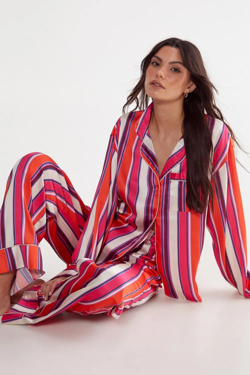 Stripes|Sleepwear^Nasty Gal Satin Multi Stripe Shirt And Pants Pajama Set |