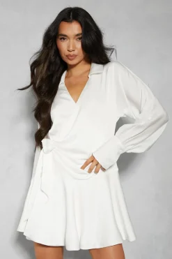 Dresses^Nasty Gal Satin Plunge Layered Frill Skirt Tie Side Wrap Mini Dress |