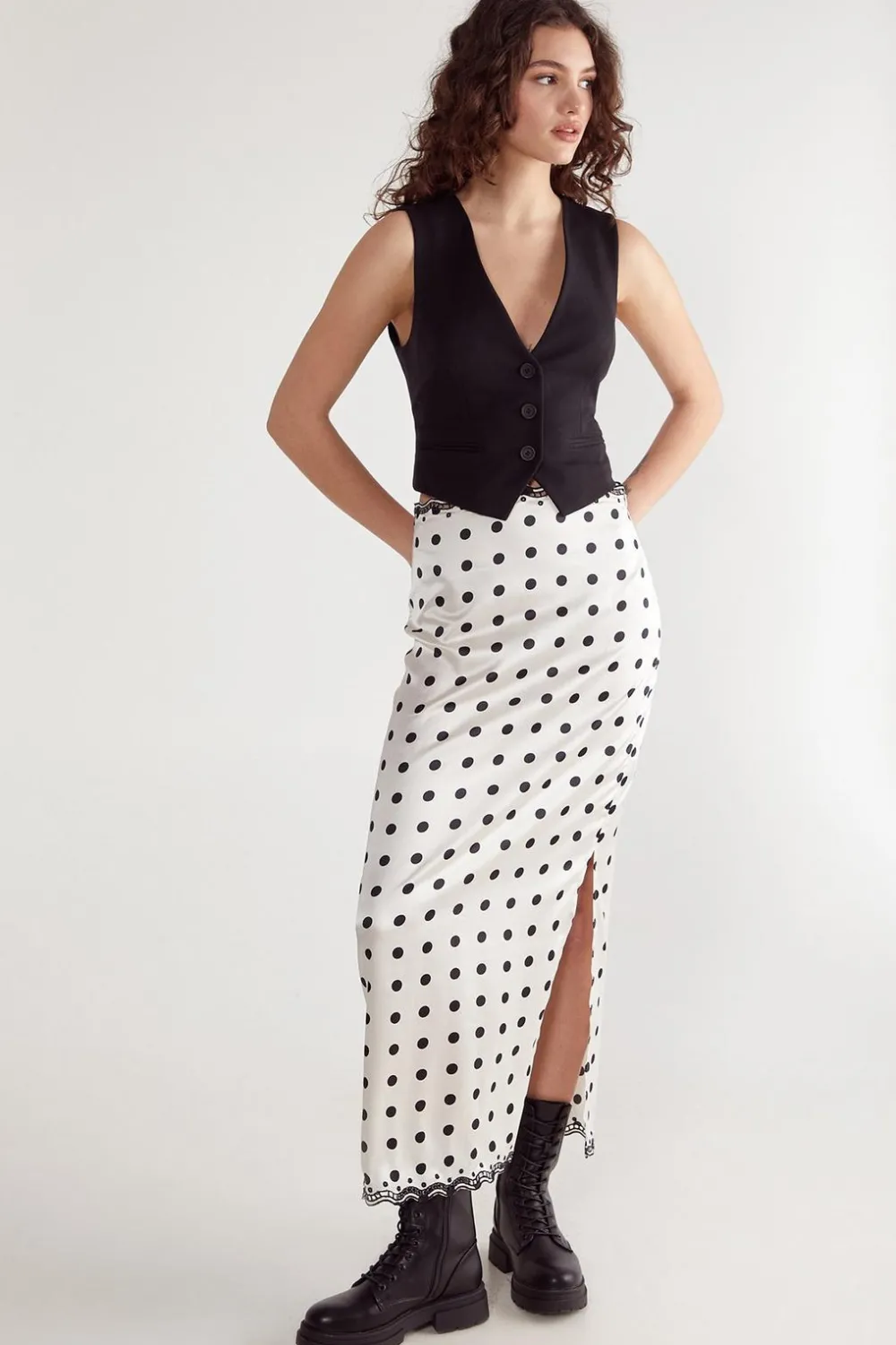 White Outfits|Skirts^Nasty Gal Satin Polka Dot Embroidered Split Maxi Skirt |