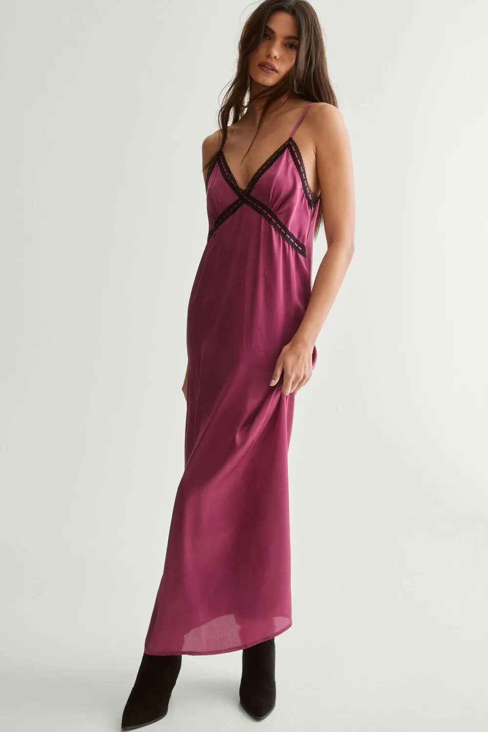 Maxi Dresses|Dresses^Nasty Gal Satin Ribbon Lace Trim Maxi Slip Dress |