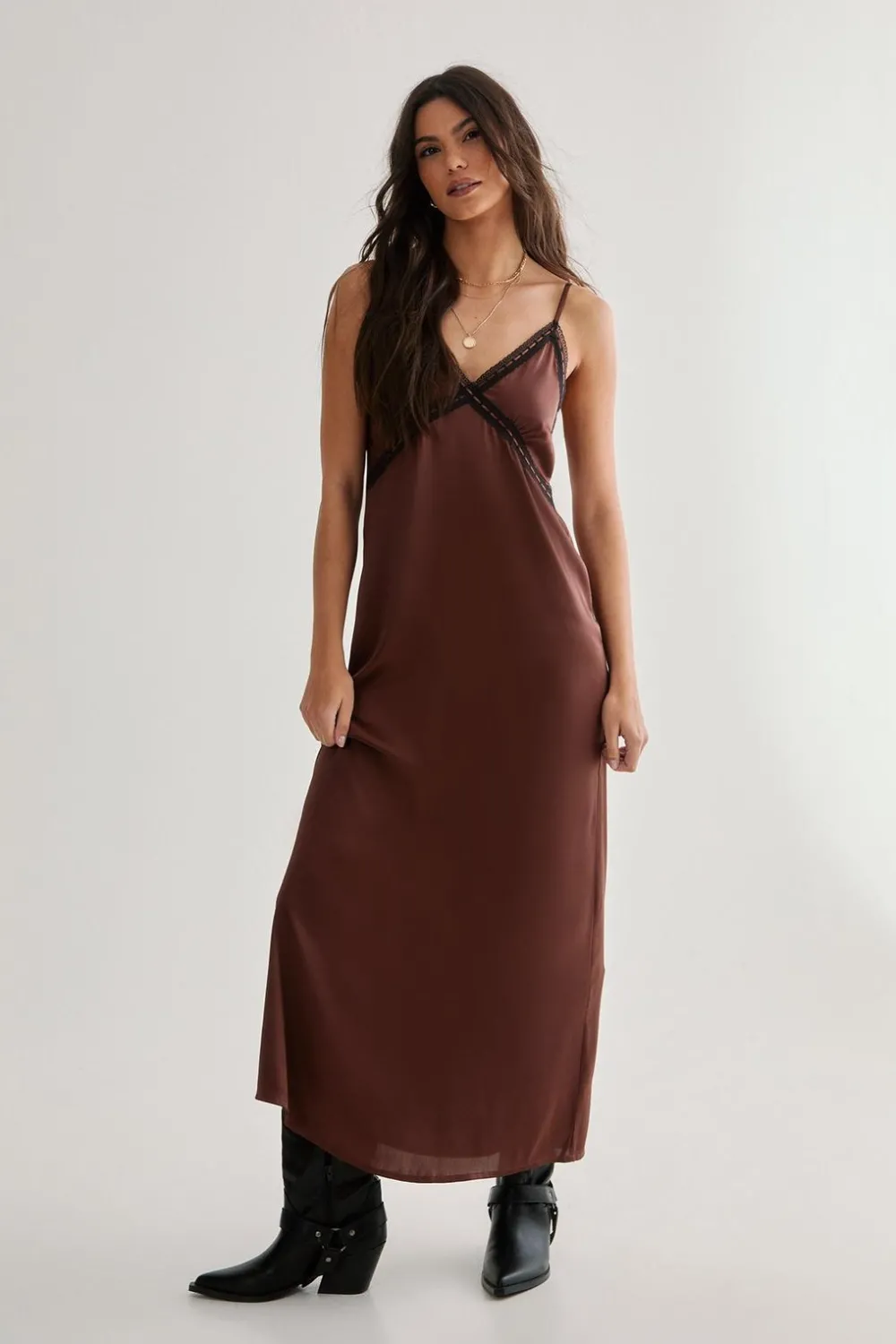 Party Outfits|Formal Wear^Nasty Gal Satin Ribbon Lace Trim Maxi Slip Dress |
