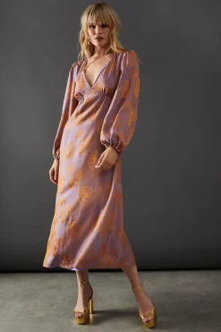 Dresses^Nasty Gal Satin Rose Jacquard Plunge Neck Midi Dress |