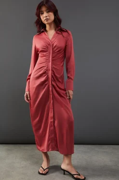 Dresses^Nasty Gal Satin Ruched Front Midi Shirt Dress |