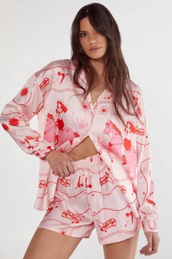 Cowgirl|Sleepwear^Nasty Gal Satin Western Placement Print Shirt and Short Set |