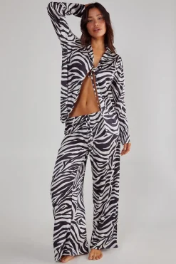Animal Print|Sleepwear^Nasty Gal Satin Zebra Tie Front Shirt And Pants Pajama Set |