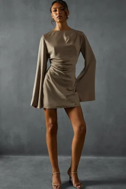 Dresses^Nasty Gal SatinSlash Neck CinchedWaist Flare Sleeve MiniDress |