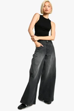 Jeans|Denim^Nasty Gal Seam Detail Washed Black Wide Leg Denim Jean |