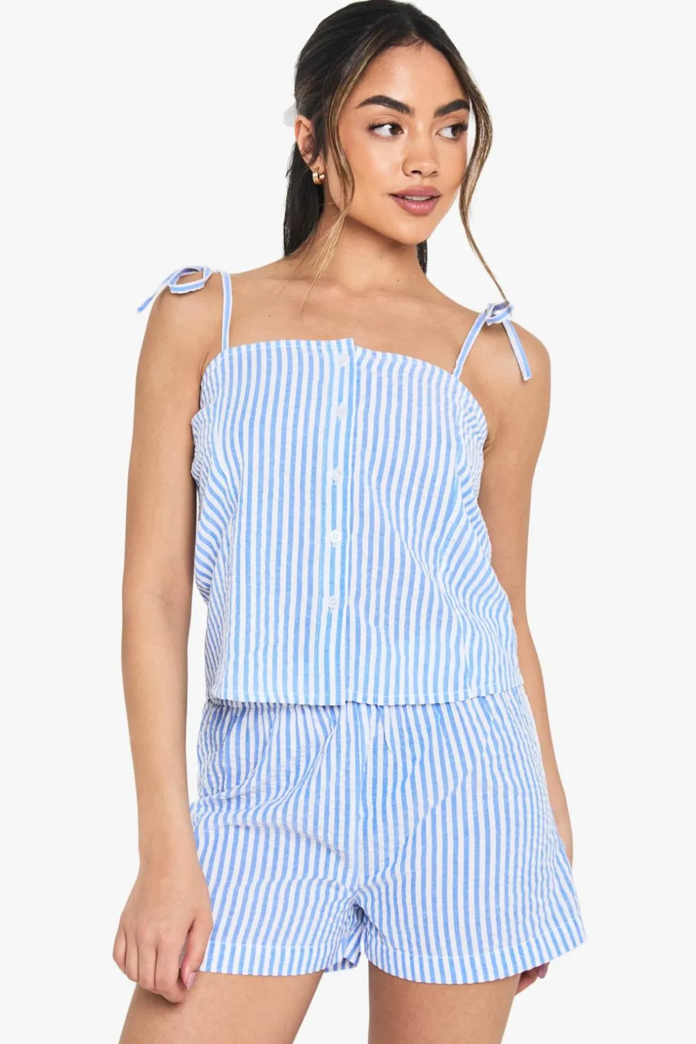 Stripes|Sleepwear^Nasty Gal Seersucker Stripe Button Cami & Short Pyjama Set |