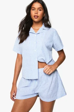 Stripes|Sleepwear^Nasty Gal Seersucker Stripe Heart Print Short Sleeve Shirt & Shorts Pyjama Set |