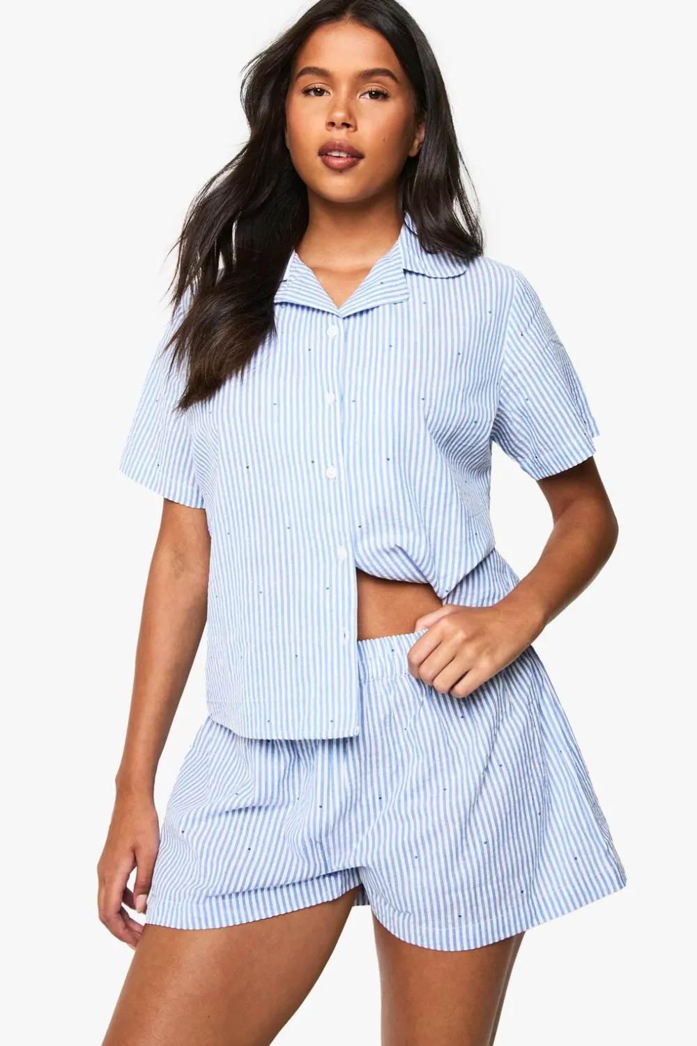 Stripes|Sleepwear^Nasty Gal Seersucker Stripe Heart Print Short Sleeve Shirt & Shorts Pyjama Set |