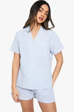 Stripes|Sleepwear^Nasty Gal Seersucker Stripe Short Sleeve Shirt & Shorts Pyjama Set |