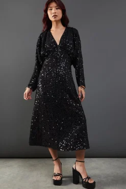Sequin Outfits|Dresses^Nasty Gal Sequin Crinkle Batwing Plunge Neck Midi Dress |