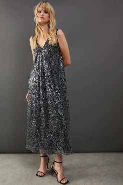 Sequin Outfits|Dresses^Nasty Gal Sequin Mesh V Neck Trapeze Midi Dress |