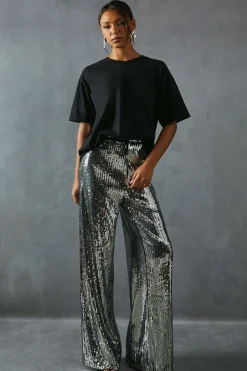 Sequin Outfits|Pants^Nasty Gal Sequin Mid Rise Elastic Waist Wide Leg Trouser |