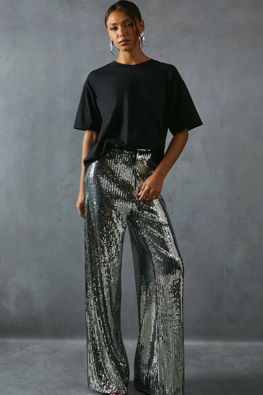 Sequin Outfits|Pants^Nasty Gal Sequin Mid Rise Elastic Waist Wide Leg Trouser |