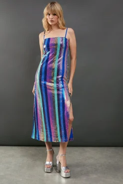 Sequin Outfits|Stripes^Nasty Gal Sequin Stripe Strappy Split Side Midi Dress |
