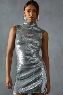 Sequin Outfits|Tops^Nasty Gal SequinHigh Neck Top |