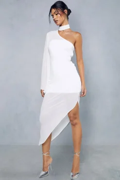 Dresses^Nasty Gal Sheer Overlay Ruched Choker Neck Asymmetric Midi Dress |