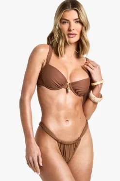Bikinis|Swimwear^Nasty Gal Shell Trim Ruched Tanga Bikini Bottoms |