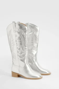 Cowgirl^Nasty Gal Square Toe Low Heel Knee High Western Boots |