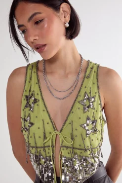 Crop Tops|Crop Tops^Nasty Gal Star Tassel Embellished Tie Front Vest |