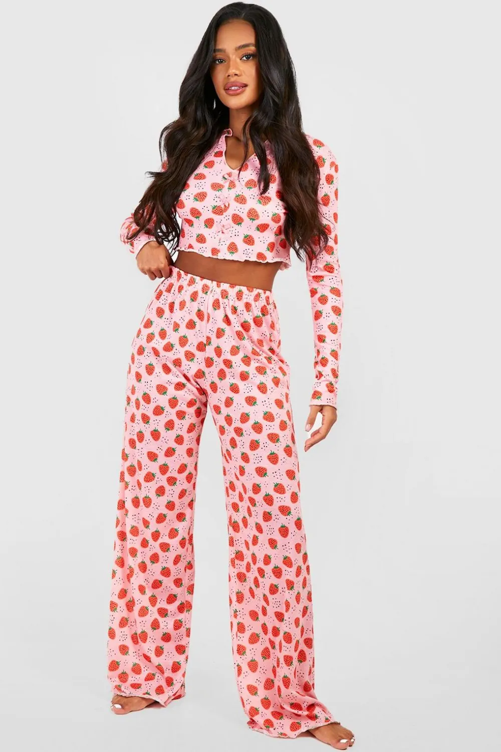 Sleepwear^Nasty Gal Strawberry Print Button Front Long Sleeve Top & Trousers Pyjama Set |